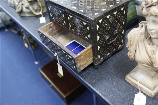 An 18th century Indo-Portuguese ebony, tortoiseshell and bone inlaid table top chest, 14.5in.